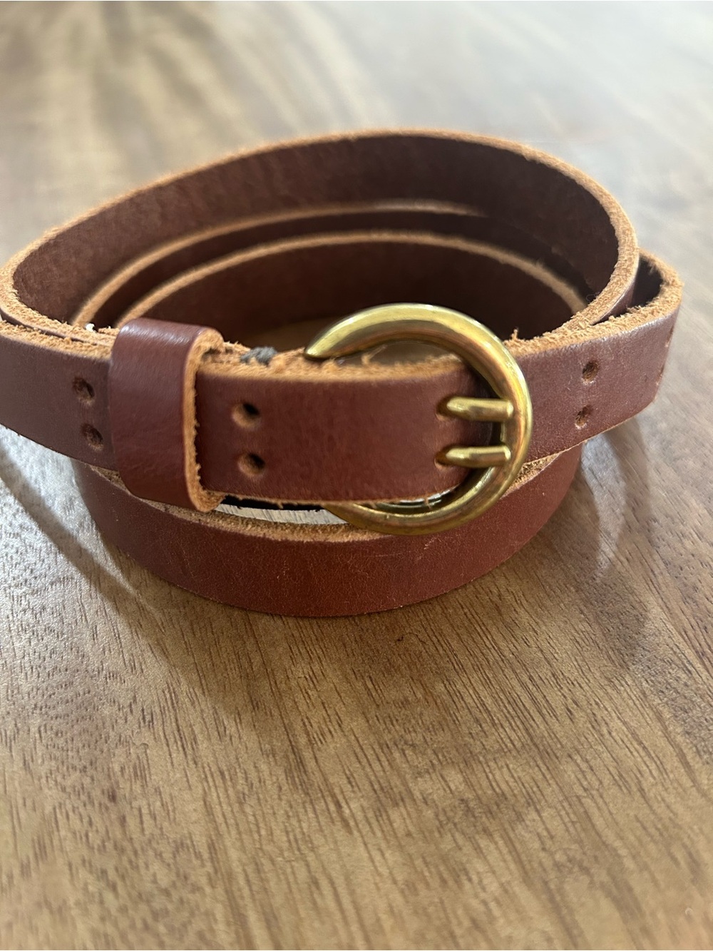 Women’s Brown Leather Double-Prong Belt with Antique Brass Buckle